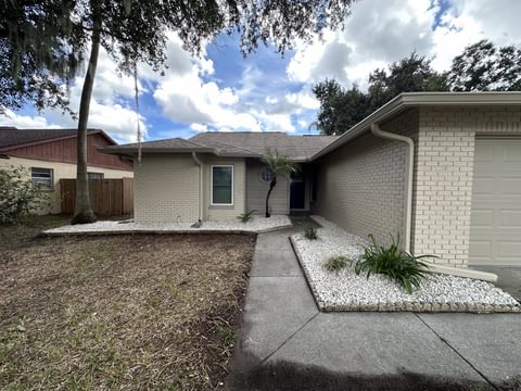 Canteros de piedra blanca decorativa con plantas de hojas puntiagudas y una palma pequeña junto al camino y el porche de una casa de un piso, en Tampa Bay